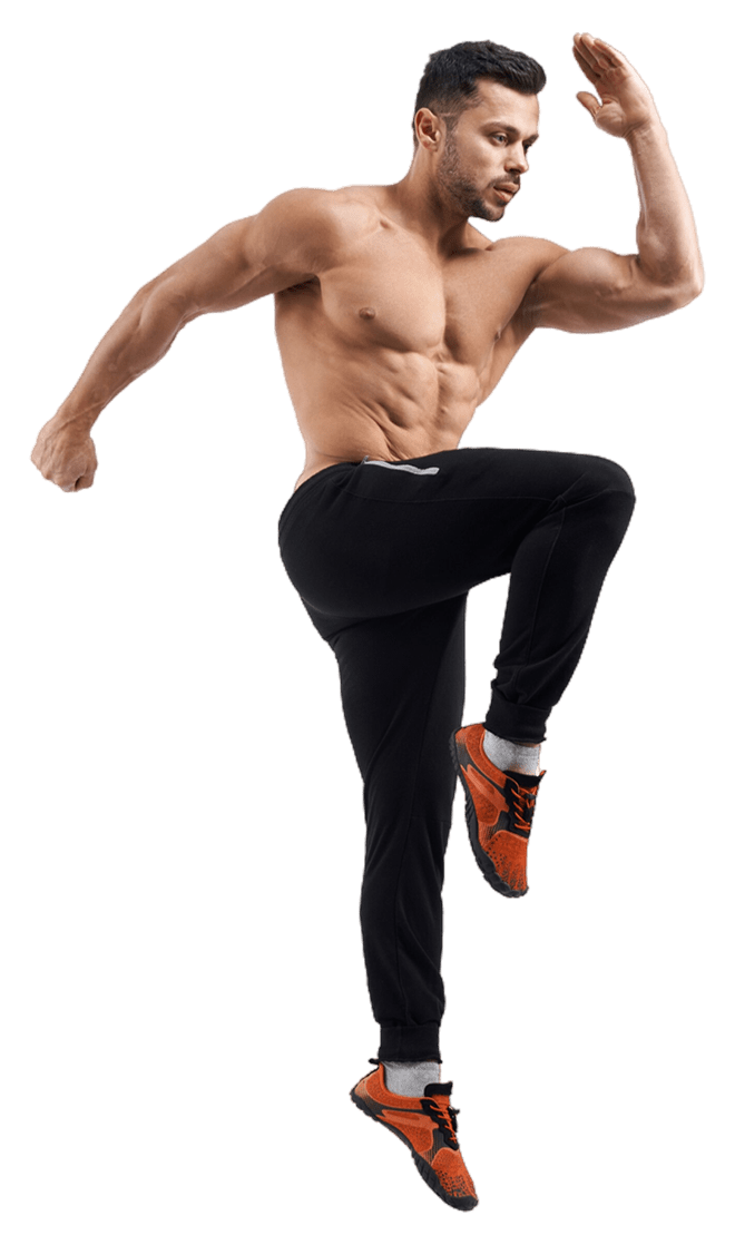 shirtless bodybuilder jumping place